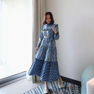 Ruffled Paisley Long Shirtdress Blue - One Size