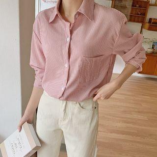 Pocket-detail Longline Stripe Shirt