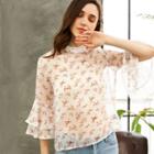 Bell-sleeve Flower Print Chiffon Top
