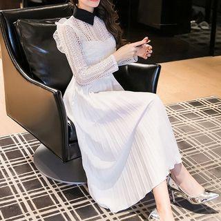 Long-sleeve Perforated Panel A-line Pleated Midi Dress