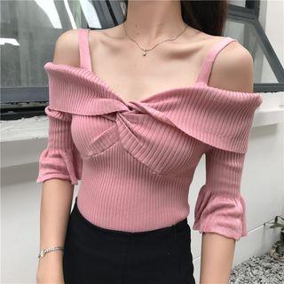 Knot Front Off Shoulder Short Sleeve Knit T-shirt