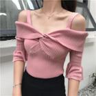 Knot Front Off Shoulder Short Sleeve Knit T-shirt