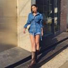 Dip-back Denim Shirt With Sash Dark Blue - One Size