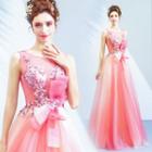 Sleeveless Embroidered Flower Ribbon Ball Gown