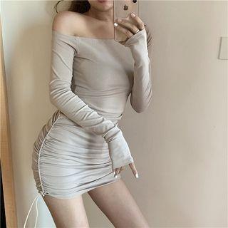Plain Slim-fit Drawstring Shirred Off-shoulder Dress