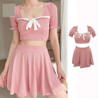 Set: Short Sleeve Square Neck Bow Accent Swim Top + Swim Skirt
