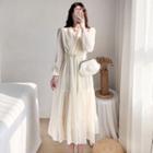 Set: Long-sleeve Lace Midi A-line Dress + Belt