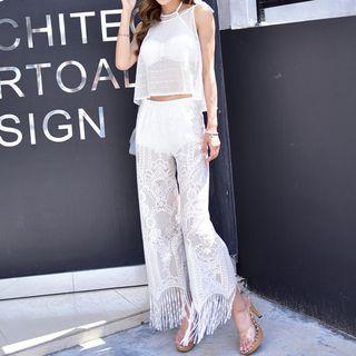 Set: Lace Panel Bikini + Cover Up + Pants