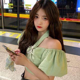 Puff-sleeve Cross-strap Cropped Blouse Green - One Size