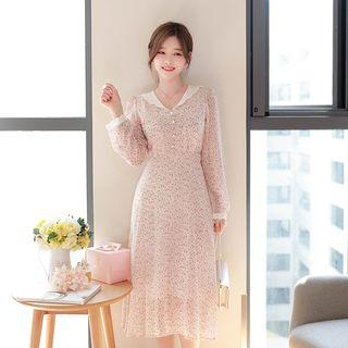 Lace-collar Tie-waist Long Floral Dress