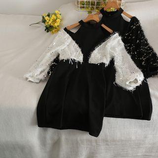 Long-sleeve Mock Two-piece Sequined Mini Dress