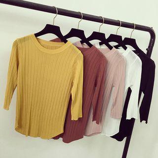 Ribbed 3/4-sleeve Knit Sweater