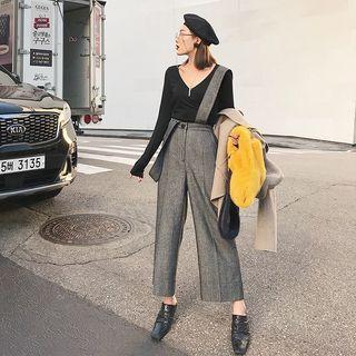 Cropped Herringbone Wide-leg Suspender Pants