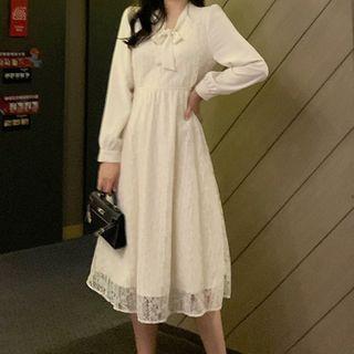 Puff-sleeve Tie-neck Midi A-line Lace Dress