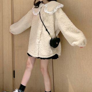Eyelet Trim Faux Shearling Buttoned Jacket