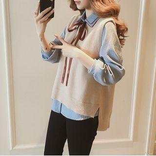 Plain Knit Vest / Shirt / Set