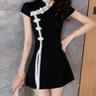 Set: Cap-sleeve Lace Trim Mini A-line Qipao Dress + Mini Skirt