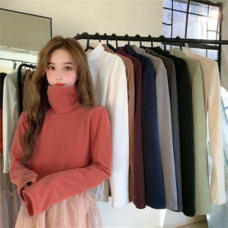 Plain Turtleneck Fleece Lined Long-sleeve Top