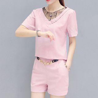Set: Short-sleeve Sheer Panel Top + Shorts