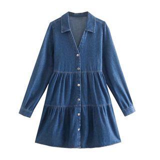 Open-collar Tiered Mini A-line Denim Shirtdress