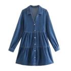 Open-collar Tiered Mini A-line Denim Shirtdress