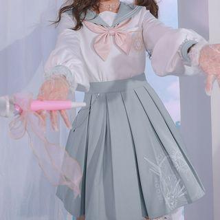 Embroidered Sailor Collar Blouse / Mini Pleated Skirt