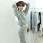 Set: Drop-shoulder Knit Top + Elastic-waist Knit Pencil Skirt