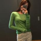 Long-sleeve Plain T-shirt Green - One Size