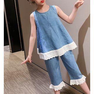 Set: Sleeveless Denim Lace Hem Top + Shorts