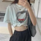 Elbow-sleeve Graphic Print Tie-waist Cropped T-shirt