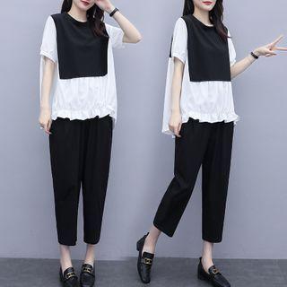Set: Short-sleeve Paneled Blouse + Harem Pants