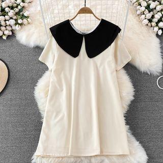 Short Sleeve Color Block Collar A-line Dress