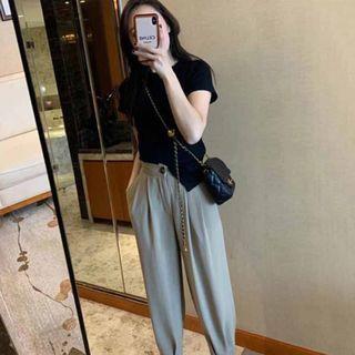 Set: Short-sleeve Plain Asymmetric T-shirt / High-waist Plain Wide-leg Pants