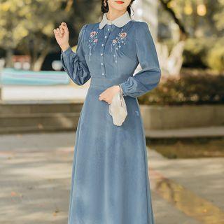 Long-sleeve Collared Floral Embroidered Midi A-line Corduroy Dress