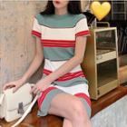 Striped Short-sleeve Knit Dress Stripes - Blue & White & Red - One Size