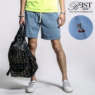 Embroidered Drawstring Denim Shorts