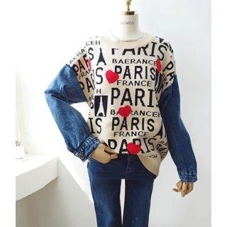 Denim Sleeve Patterned Sweater