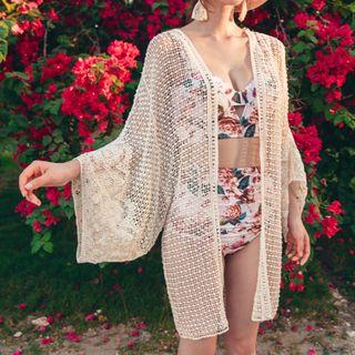 Flower Print Tankini / Eyelet Lace Open Front Long Jacket