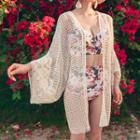 Flower Print Tankini / Eyelet Lace Open Front Long Jacket