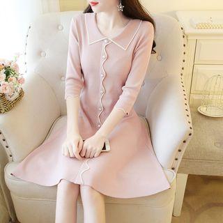 3/4-sleeve Contrast Trim Buttoned A-line Knit Dress