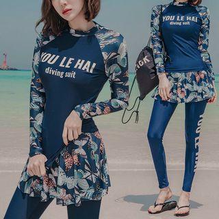 Set: Printed Rash Guard + Skirt + Pants