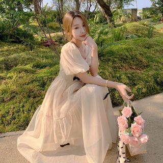 Puff-sleeve Bow Accent Midi A-line Dress