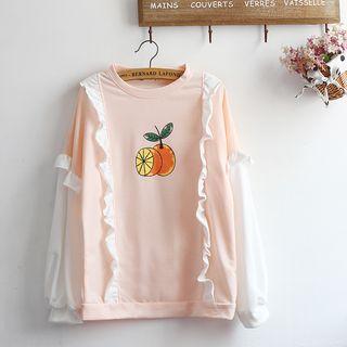 Orange Print Ruffle Trim Pullover