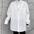 Buckled Stand-collar Applique Long-sleeve Shirt