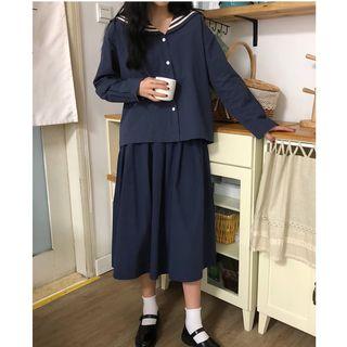 Sailor Collar Shirt / Plain Midi A-line Skirt