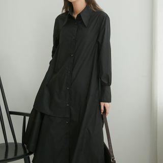 Plain Asymmetric Long-sleeve Shirtdress