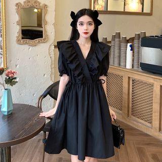 Elbow-sleeve Ruffle Trim A-line Dress Black - One Size