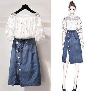 Set: Off-shoulder Top + Midi A-line Striped Skirt