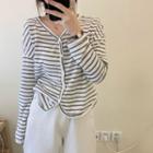 Long-sleeve V-neck Striped Button-up T-shirt