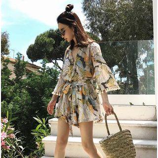 Print 3/4-sleeve Tasseled Playsuit